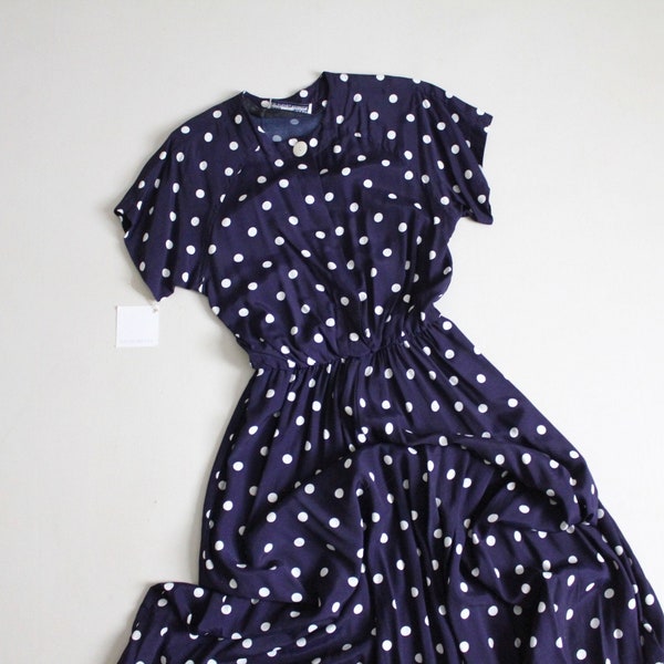 polka dot dress | navy blue dress | long polkadot dress