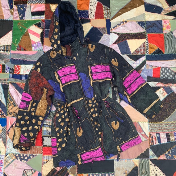 Vintage 80s Abstract Pattern Silk Quilted Puffer J