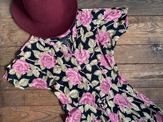 Vintage 80s Starina Purple Rose Rayon Midi Dress