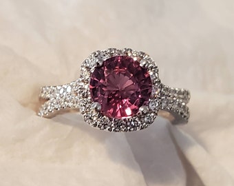 GIA genuine natural gorgeous sapphire purple-pink 2.11ct round cut in 18k white gold diamond halo .64ct round brilliant cut natural diamonds