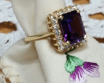 Vintage 14kt. yellow gold emerald cut deep purple amethyst with genuine round diamonds