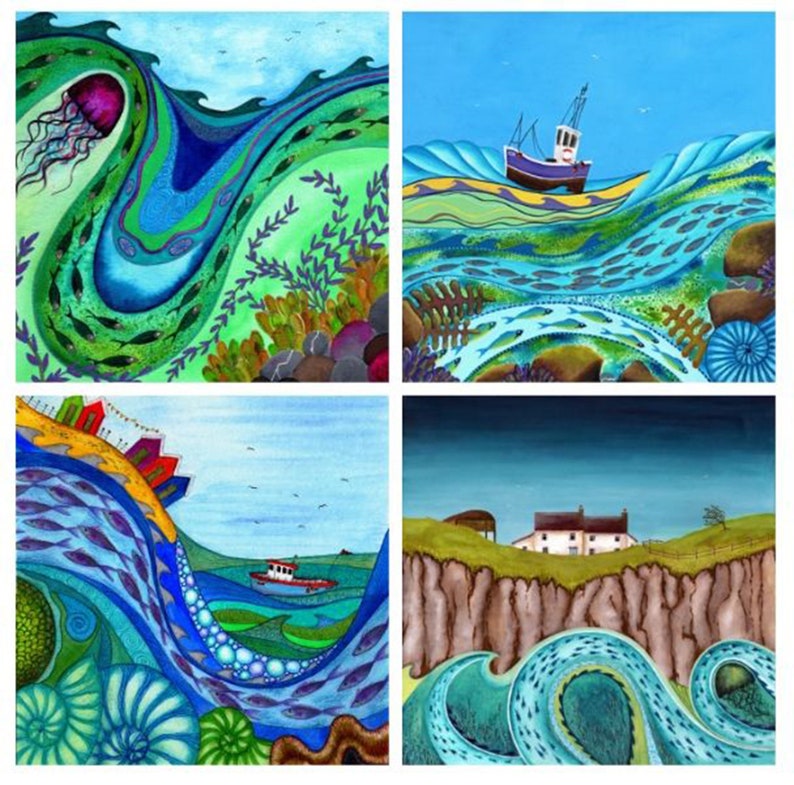 High Seas Escaping the Catch /& Tidal Surge A Dip in the Ocean Set of 4 Art Cards