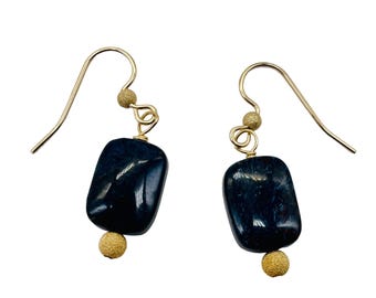 Pietersite Rectangle Bead 14K Gold Filled Earrings | 1 3/4" | Deep Blue Black |