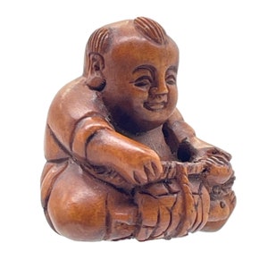 Carved Boxwood Budha Ojime/Netsuke Bead | 23.5x20x17mm | Brown