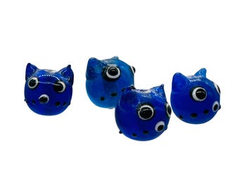 Kitty Cat Ceramic Round Beads | 15mm | Midnight Blue | 4 Beads |