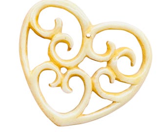 Heart Shape Delicate Carved Bone Bead | 36x31x4mm | Cream |