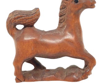 Carved Trotting Pony Horse Boxwood Ojime/Netsuke Bead | 29x28x11mm | Brown