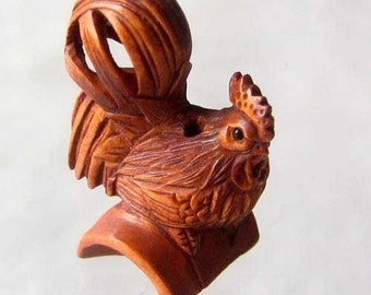 Rise & Shine Carved Boxwood Rooster Ojime/Netsuke Bead | 31x20x16mm | Brown