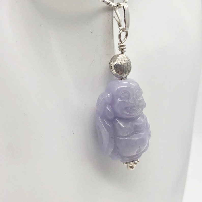 Hand Carved Lavender Jade Buddha Pendant with Silver Findings 1 58 Long