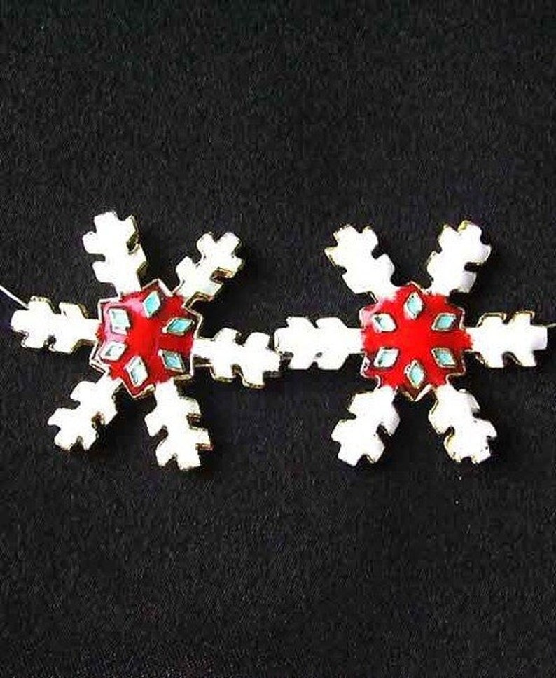 2 Red Cloisonne Snowflake Centerpiece 30x27x4mm Beads 8638E