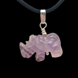 Amethyst Rhinoceros Pendant Necklace|Semi Precious Stone Jewelry|Silver Pendant