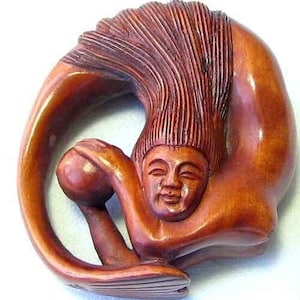 Mermaid Hand Carved Signed Boxwood Carving | 42x36.5x15mm | Brown