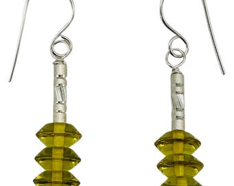 Natural Yellow Green Amber Sterling Silver Dangle Earrings 3 Bead 1.25" Handmade