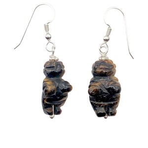 Tiger Eye Venus Goddess of Willendorf Sterling Earrings| 1 3/4" Long | Bronze |