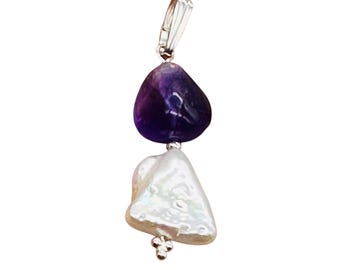 Pearl Triangle and Amethyst Sterling Silver Pendant | 1 1/4" Long | White, Red |