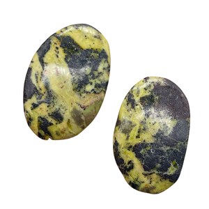 May include: Two oval-shaped gemstones with a mottled pattern. The stones feature a mix of olive green, black, and brown colors. The gemstones are smooth and polished, with a natural, organic appearance.