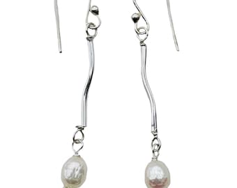 Stunning Faceted White Pearls Sterling Silver Earrings | 2" Long |