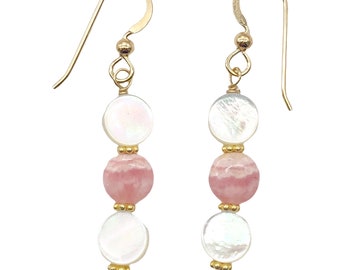 Rhodocrosite Mother of Pearl 14K Gold Filled Drop Earrings | 1 3/4"| Pink White|