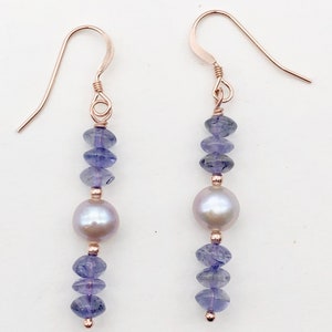 Vibrant Faceted Iolite and Pearl Dangling Earrings |Rose Gold | 1 3/4" Long |
