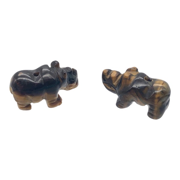 2 Tiger Eye Hand Carved Rhinoceros Animal Beads | 21x13x10mm | Golden