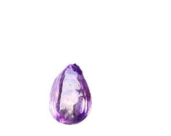 May include: A teardrop-shaped, polished gemstone with a gradient of purple hues. The gem has a translucent quality, allowing light to pass through, and is set against a plain white background. The stone's surface reflects light, creating highlights and shadows.