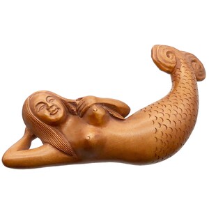 Carved & Signed Basking Mermaid Boxwood Carving | 3 5/8 x 1 1/4 x 3/4&quot; | Brown