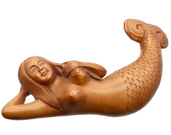 Carved & Signed Basking Mermaid Boxwood Carving | 3 5/8 x 1 1/4 x 3/4" | Brown