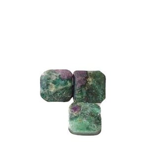 May include: Three square-shaped gemstones with rounded corners. The stones have a mottled appearance with green and purple hues. The gemstones are arranged in a cluster, with two stones side-by-side and one below.