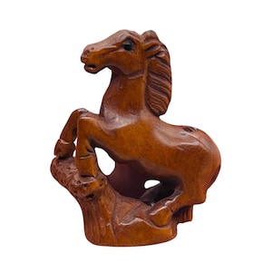 Hand Carved & Signed Pony Horse Boxwood Ojime/Netsuke Bead | 32x23.5x9mm | Brown