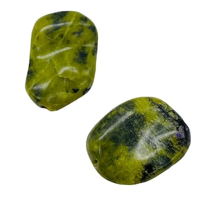 Green Serpentine with Black Matrix Beads | 21x19x6mm to 17x14x5mm | 2 Beads |
