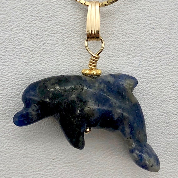 Natural Gemstone Crystal Blue and White Sodalite Hand Carved Dolphin Pendant 