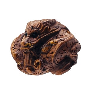 Carved & Signed Boxwood Crouching Dragon Ojime/Netsuke Bead | 24x16x20mm | Brown