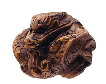 Carved & Signed Boxwood Crouching Dragon Ojime/Netsuke Bead | 24x16x20mm | Brown
