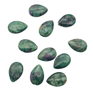 May include: A collection of teardrop-shaped gemstones with a mottled green and purple appearance. The stones are scattered against a white background, showcasing their natural textures and colors. These gemstones are ideal for jewelry making.