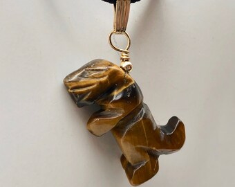 Tiger's Eye Tyrannosaurus Rex Dinosaur Pendant Necklace|14k Gold Filled Jewelry