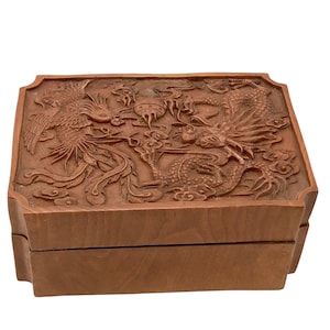 Hand Carved Dragon and Phoenix Boxwood Box | 3.1x2.1x1.4" | Brown