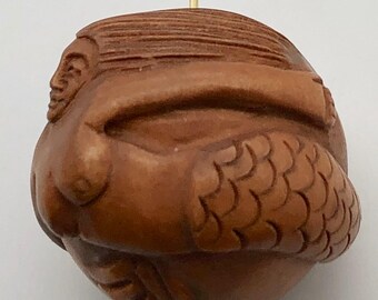 Hand Carved Boxwood Mermaid 20mm Round Ojime/Netsuke Bead | 20mm | Brown