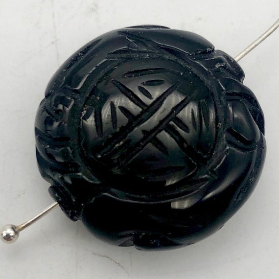 彫刻された黒曜石　装飾品 彫刻された長寿命の黒曜石コインビーズ | 25 x 10 mm | 1 ビーズ