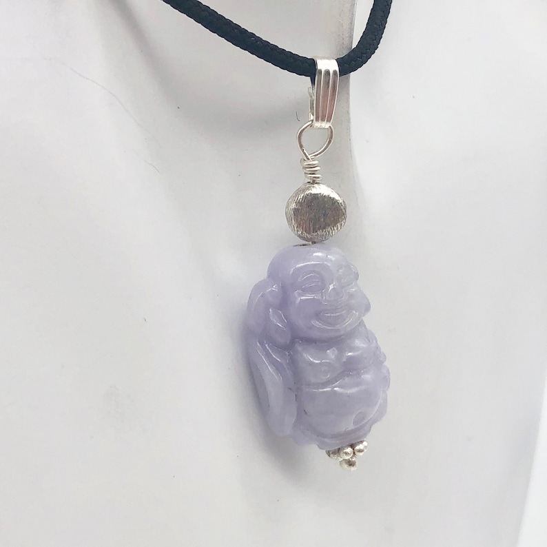 Hand Carved Lavender Jade Buddha Pendant with Silver Findings 1 58 Long
