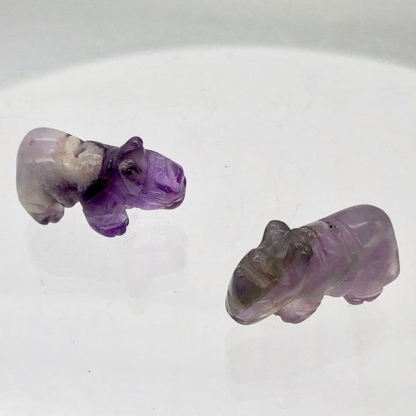 2 Amethyst Hand Carved Rhinoceros Animal Beads | 20x13x8mm | Purple