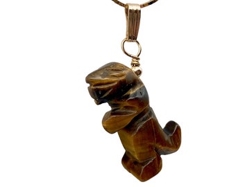 Tiger&#39;s Eye Tyrannosaurus Rex Dinosaur Pendant Necklace|14k Gold Filled Jewelry