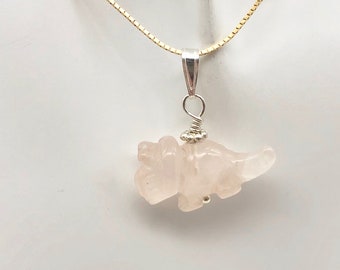 Pink Dinosaur Pendant Rose Quartz Triceratops Sterling Silver Pendant |1&quot; long|