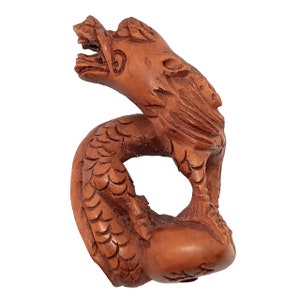 Hand Carved Fierce Dragon Boxwood Ojime/Netsuke Bead | 33x17x11mm | Brown