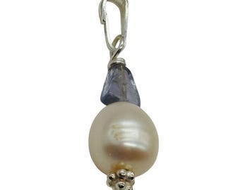 Iolite, Fresh Water Large Pearl Sterling Silver Drop Pendant | 1" Long |