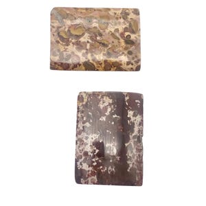 May include: Two polished rectangular stone cabochons. The top piece features a mottled pattern of tan, brown, and dark red circular inclusions. The bottom piece displays a deep maroon and dark brown base with irregular white and cream-colored patches.