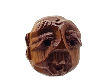1 Hand Carved Face of Buddha Boxwood Ojime/Netsuke Bead | 15mm | Brown