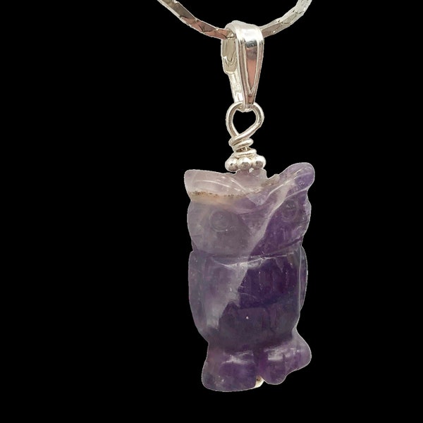 Amethyst Owl Pendant Necklace | Semi Precious Stone Jewelry | Silver Pendant