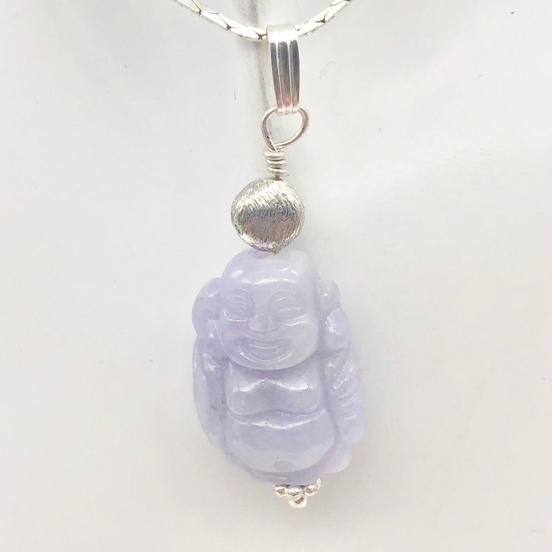 Hand Carved Lavender Jade Buddha Pendant with Silver Findings 1 58 Long