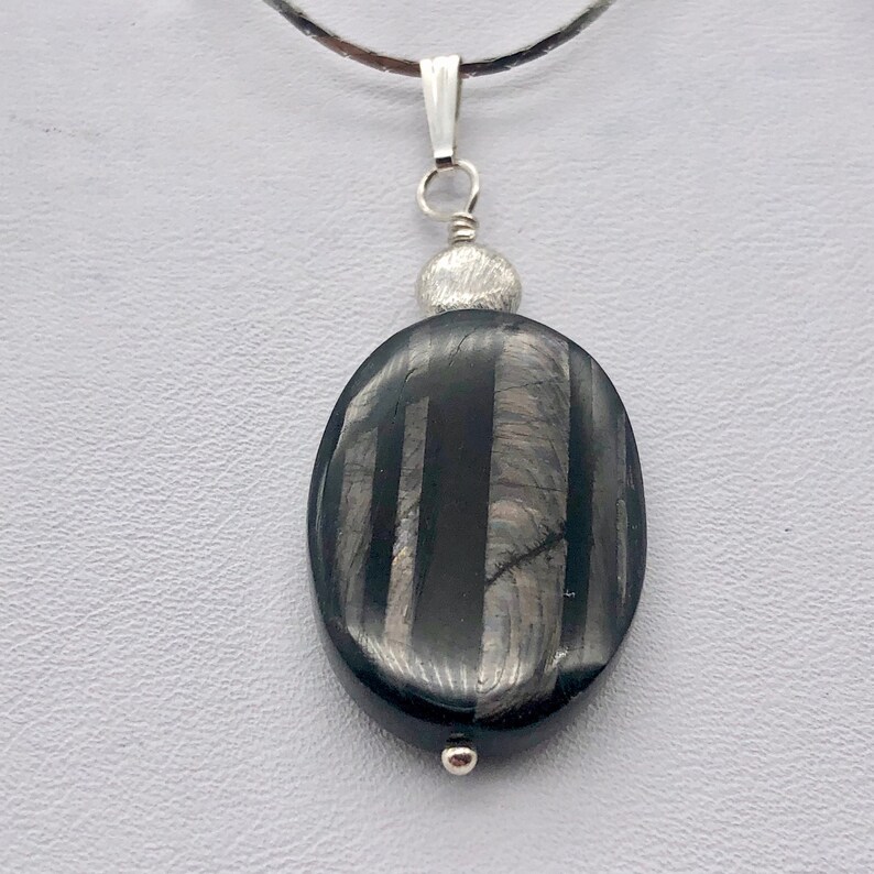 Silver-black Oval 1 34 inch long Hypersthene Sterling Silver Pendant
