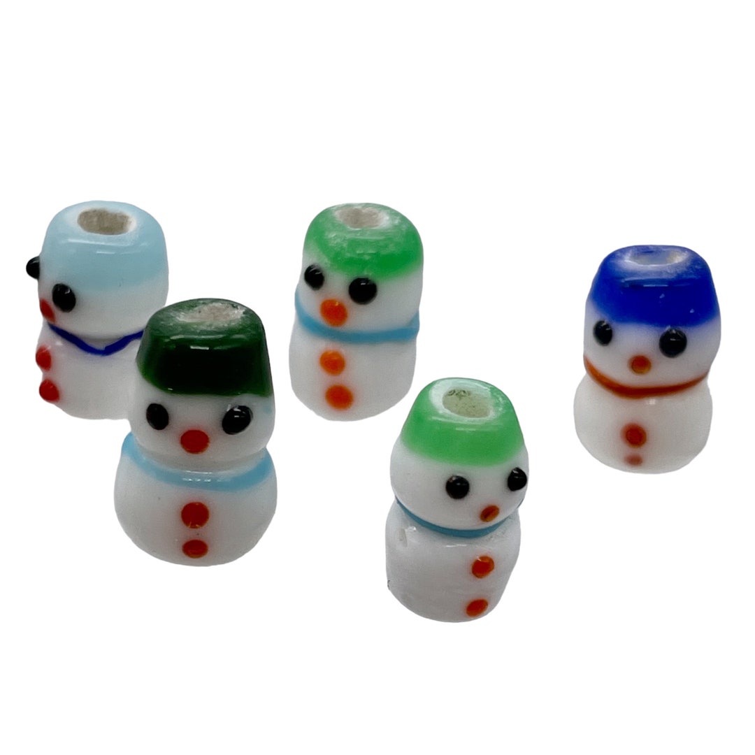 Perles En Verre Soufflé à La Lampe - Têtes De Bonhomme De Neige De Noël - Lot De 5 Pièces - Fait Main